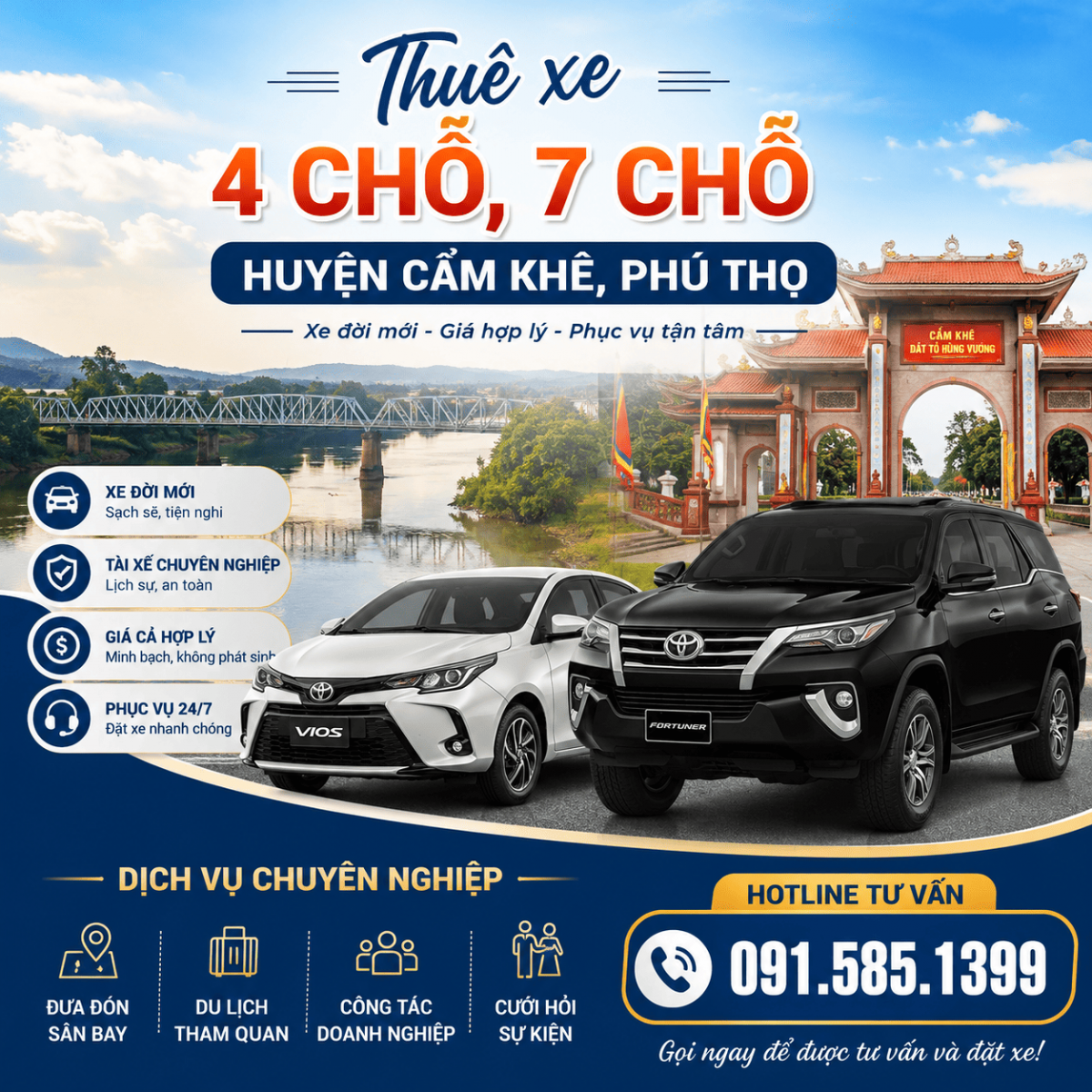 Thuê xe 4 chỗ 7 chỗ huyện Cẩm Khê