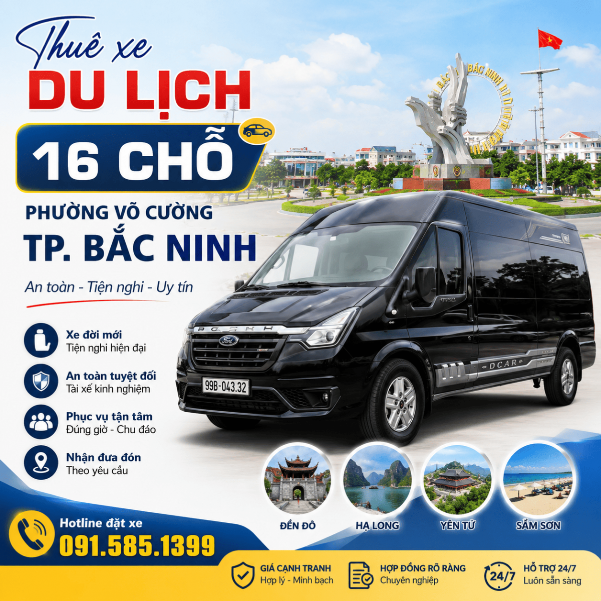 Thuê xe du lịch 16 chỗ phường Võ Cường, TP Bắc Ninh